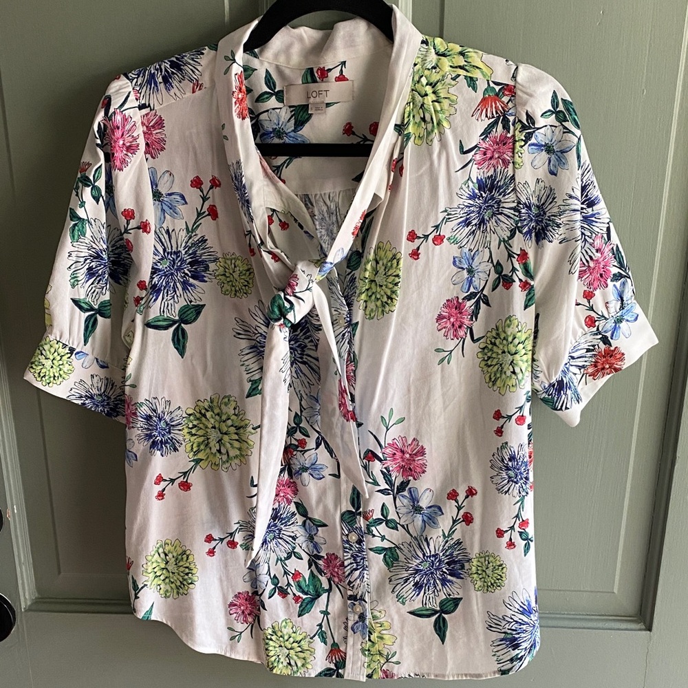 LOFT Multicolor Floral Tie-Front Top